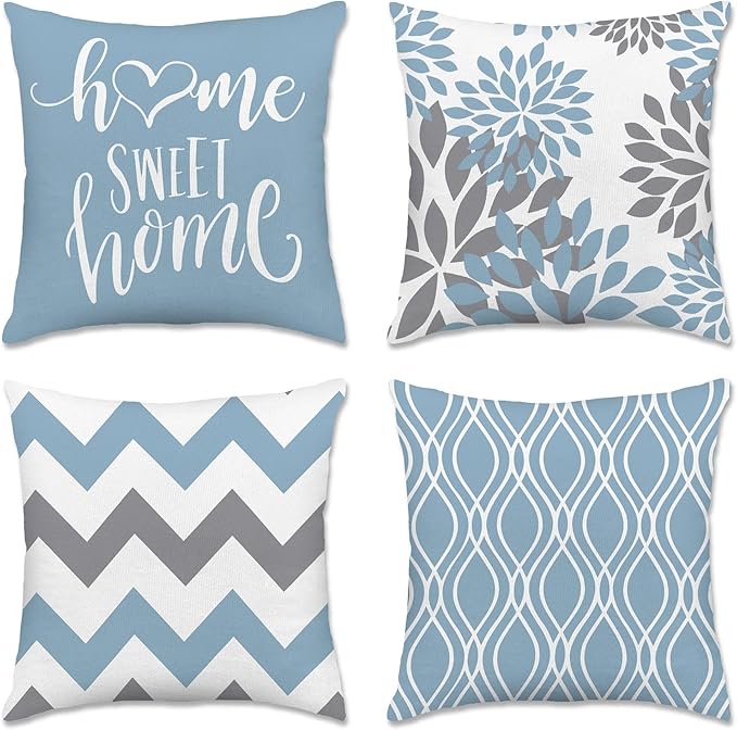Hexagram Geometric Aqua Blue Pillow Covers 16x16 Set of 4, Decorative Outdoor Boho Modern Throw Pillow Covers, Home Sweet Home Farmhouse Cushion Case for Couch Sofa Bedroom Indoor Decor(No Insert)