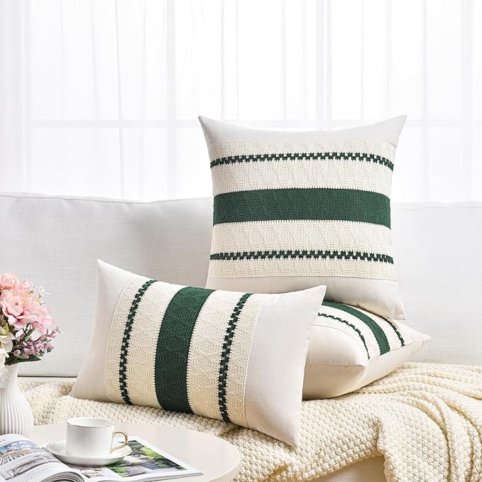 Fancy Homi Set of 1 Dark Green Boho Decorative Throw Pillow Covers 18x18 Inch for Couch Bed Sofa Bedroom Indoors, Modern Farmhouse Vintage Forest Green Living Room Decor