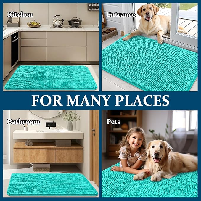 OLANLY Dog Door Mat for Muddy Paws 47x32, Absorbs Moisture and Dirt, Absorbent Non-Slip Washable Doormat, Quick Dry Chenille Mud Mat for Dogs, Entry Indoor Entryway Carpet for Inside Floor, Teal
