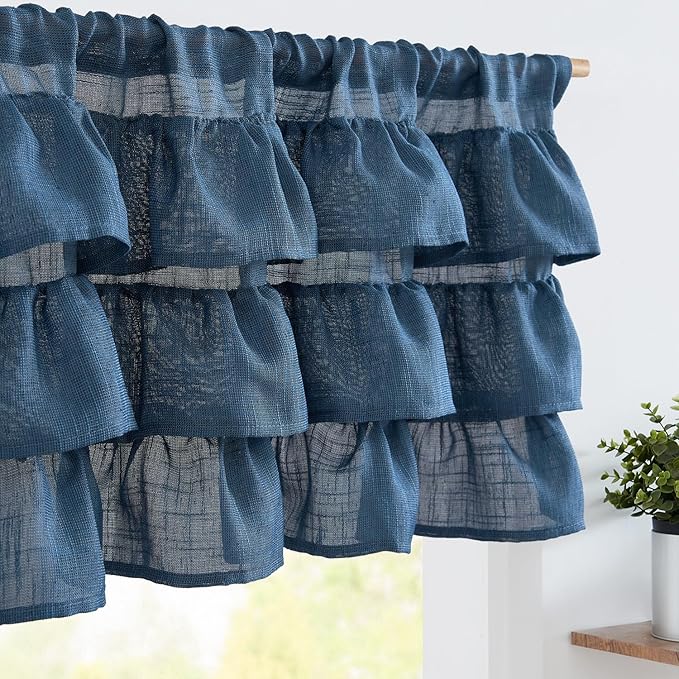 jinchan Ruffled Valance Curtain Slubbed Crossed Kitchen Valance Vintage Shabbychic Style for Living Room Small Windows 18 Inch Cottagecore Farmhouse Half Window Rod Pocket 1 Panel Navy Blue
