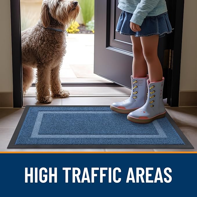 OLANLY Front Door Mat Indoor Outdoor Entrance, Waterproof All-Season, All-Weather Doormat, Sturdy Natural Rubber, Fade Resistant, Low Profile, Easy Clean Patio Porch Entryway Mat, 47x17, Light Blue