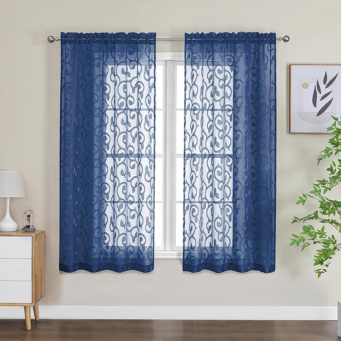 OWENIE Furman Sheer Curtains 63 inch Length for Bedroom Living Room 2 Panels Set, Jacquard Clip Textured Semi Sheer Curtains, Light Filtering Rod Pocket Farmhouse Window Treatments, Blue, 40Wx63L inch