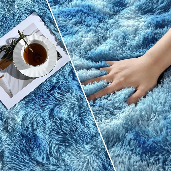 Large Shag Area Rugs 5 x 8, Tie-Dyed Plush Fuzzy Rugs for Living Room, Ultra Soft Fluffy Furry Rug for Bedroom, Indoor Carpet Nursery Rugs for Kids Room Home Decor, Bright Blue