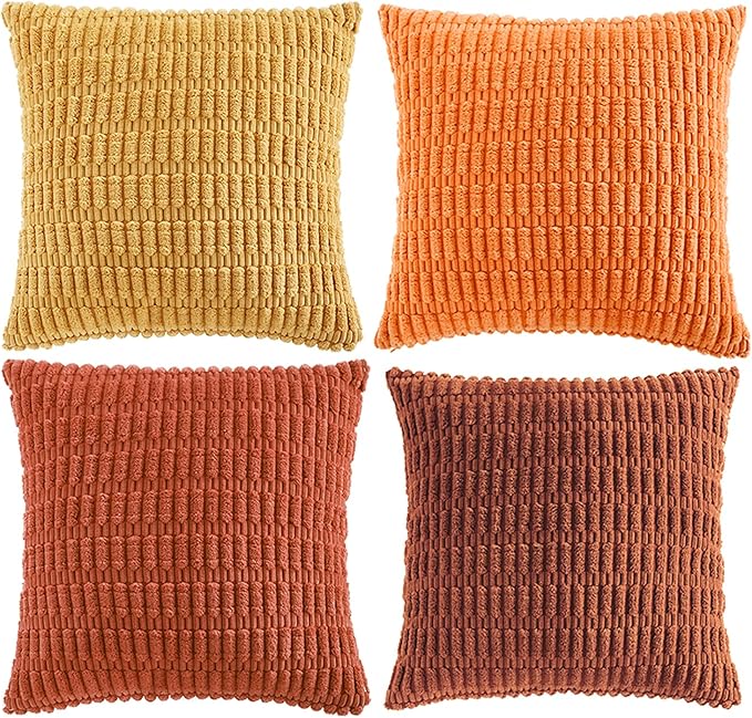 Fancy Homi Set of 4 Burnt Orange Fall Decorative Throw Pillow Covers 20x20 Inch for Couch Bed Chair, Modern Farmhouse Boho Room Decor, Soft Fuzzy Corduroy Textured Striped Cushion Case 50cm