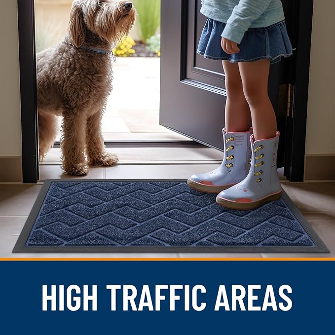 OLANLY Front Door Mat Indoor Outdoor Entrance, Waterproof All-Season, All-Weather Doormat, Sturdy Natural Rubber, Low Profile, Easy Clean Patio Porch Entryway Mat, Herringbone Brick (Blue, 47x23)