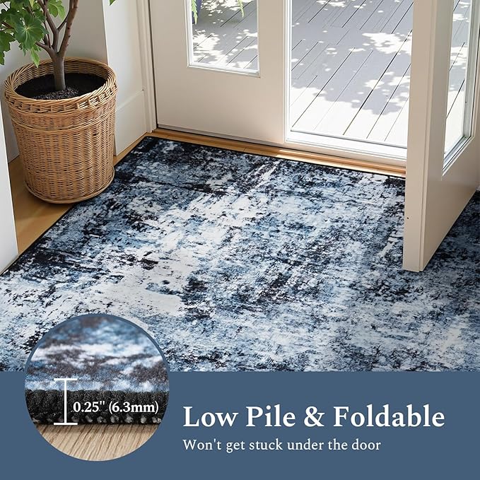 Rugflix 6x9 Area Rugs for Living Room, Washable Large Rug Stain-Resistant Low Pile, Modern Dark Carpet for Dining Room Home Office Kid Room Nursery Bedroom, Navy Blue/Black