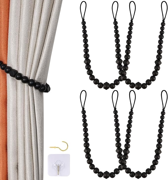 Wood Bead Curtain Tiebacks, KLOGTSIND Set of 4 Curtain Holdbacks for Thin or Thick Window Draperies, Boho Farmhouse Curtain Tiebacks with Hooks, Curtain Tie Backs for Home Office Room Decor