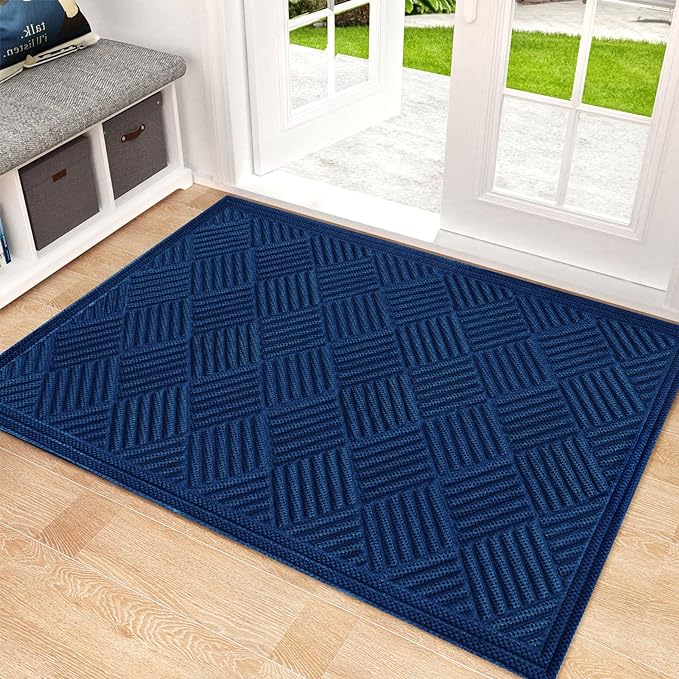 Mibao Front Door Mat, Dirt Trapper Welcome Mat for Outdoor Indoor, Non-Slip Waterproof Doormat, Durable Low Profile Entry Rug for Back Door Outside Patio Porch, 5'2" x 3' (Rectangular), Blue