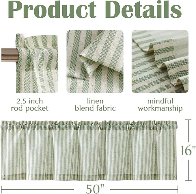 jinchan Valance Curtain Linen Textured Striped Window Curtain for Living Room Light Filtering Farmhouse Valance for Kitchen Rod Pocket 1 Panel 16 Inch Sage Green on Linen 1 Panel