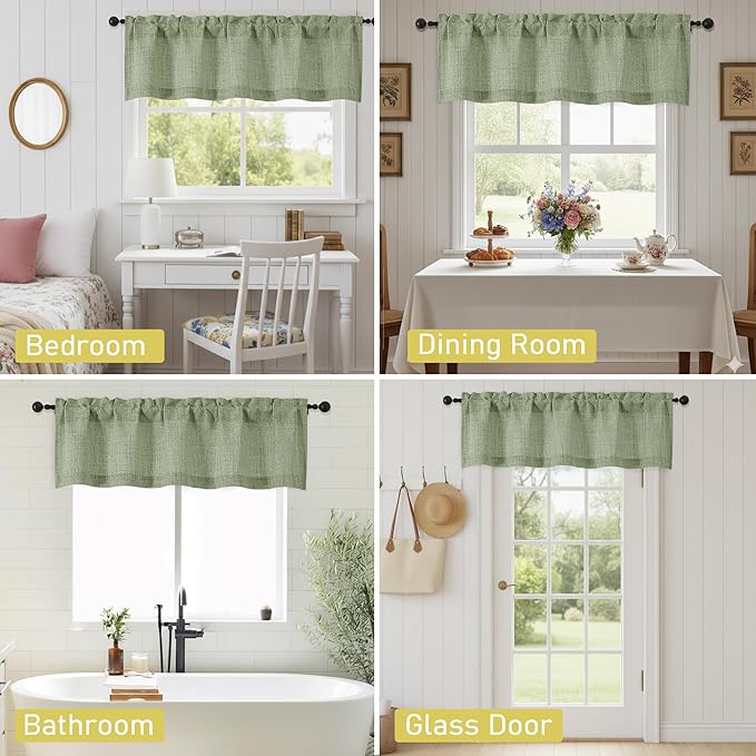 Valances for Windows, Light Filtering Faux Linen Textured Small Short Window Curtain for Bathroom Basement Farmhouse, Rod Pocket Top Half Curtains for Windows, Sage Green 52Wx14L Inch