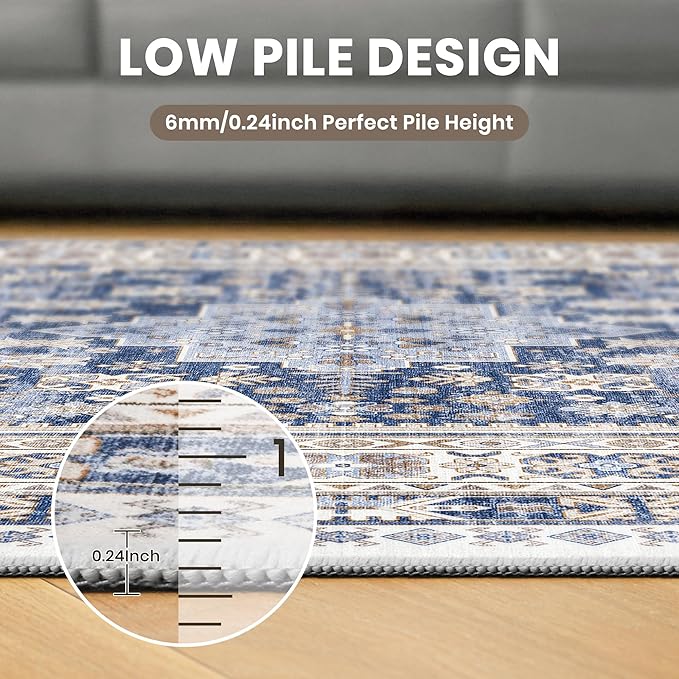 zesthome 9ft Round Rugs for Living Room, Non-Slip Washable Round Area Rugs, Ultra-Thin Large Circle Rugs, Soft Low Pile Rug for Bedroom, Kitchen - Vintage Stain Resistant Round Rug (Blue/Beige,9'x9')