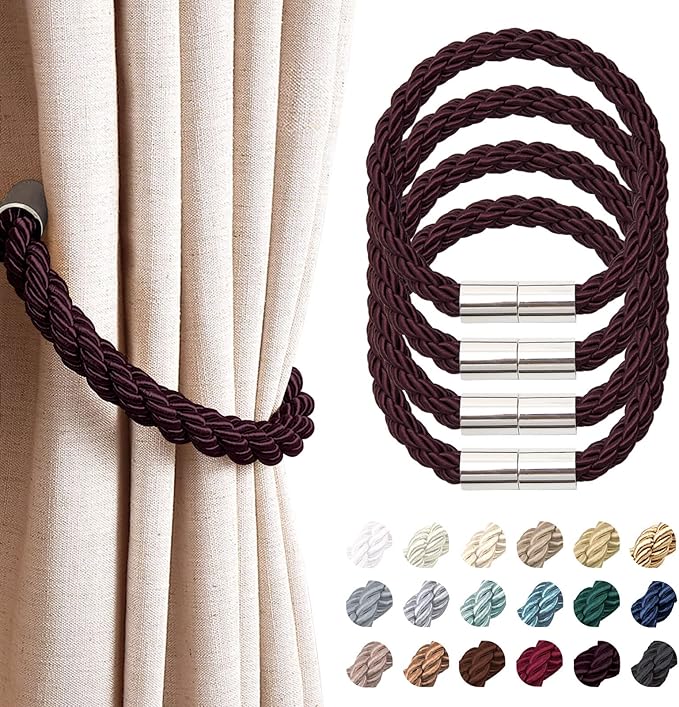 NICEEC 4 Pack Strong Magnetic Curtain Tiebacks Modern Simple Style Drape Tie Backs Convenient Decorative Weave Rope Curtain Holdbacks for Thin or Thick Home & Office Window Draperies (Deep Purple)