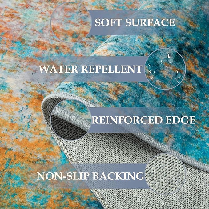 Washable Area Rugs 6ft Non-Slip Modern Abstract Soft for Living Room Entryway Bedroom Nursery, Print Pattern, Teal Blue Green Orange Rust Red Coloreful