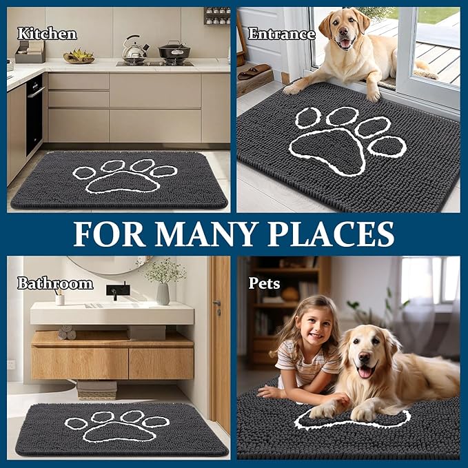 OLANLY Dog Door Mat for Muddy Paws 44x24, Paw Print Design, Absorbs Moisture and Dirt, Absorbent Non-Slip Washable Doormat, Quick Dry Chenille Mud Mat for Dogs, Entry Indoor Entryway Carpet, Dark Grey