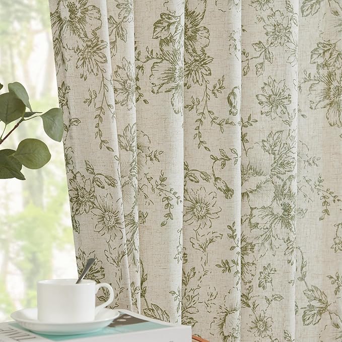 jinchan Linen Floral Curtains 84 Inch Length for Living Room Bedroom Light Filtering Farmhouse Peony Flower Drapes Rustic Window Curtain Set Rod Pocket Back Tab 2 Panels Green