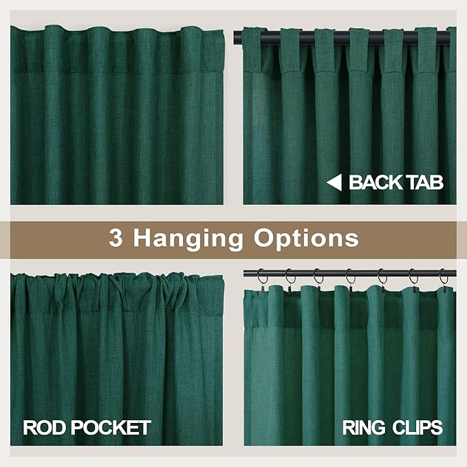 Dark Green Curtains 108 Inches Long for Living Room 2 Panels Back Tab Pocket Semi Sheer Linen Deep Hunter Forest Curtains for Patio Door Aesthetic Academia Decor Christmas Background Cortinas Verdes