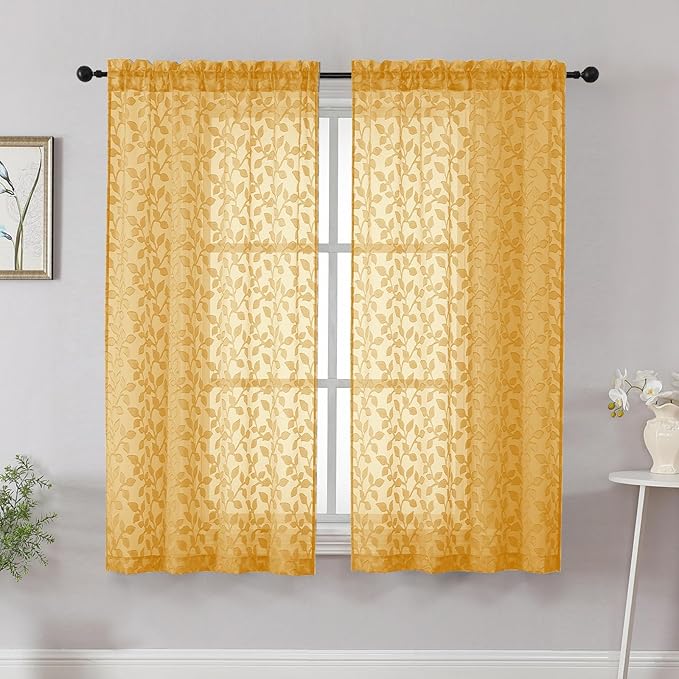 Chyhomenyc Gold Sheer Curtains 54 Inch Length for Living Room 2 Panels Set, Light Filtering Tufted Textured Soft Airy Rod Pocket Leaf Window Treatment Drapes for Bedroom, 42" Wx54 L, 2PCS
