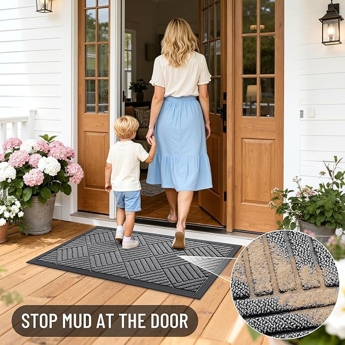 OLANLY Front Door Mat Outside Entrance 71x23, Absorbent, Heavy Duty Sturdy Natural Rubber Doormat Indoor Outdoor, Stain and Fade Resistant, Non-Slip Low Profile Floor Mat for Entryway, Grey Diamond