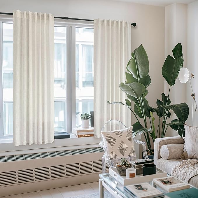 Pitalk Natural Linen Curtains 38 Inch Wide for Door 2 Panel Rod Pocket Back Tab Semi Sheer Neutral Cream Curtains for Small Windows Bathroom Laundry Room Narrow Skinny Drapes Off White 38x63 Length