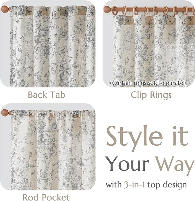 jinchan Linen Blend Curtain Floral Curtains for Living Room 54 Inch Length Grey Printed Curtain Rod Pocket Back Tab Farmhouse Peony Flower Patterned Drapes Bedroom Window Curtains Set 2 Panels