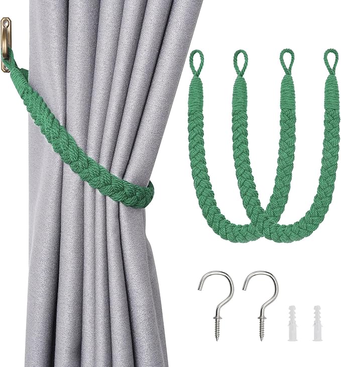 NICEEC 2 Pack Natural Cotton Rope Curtain Tiebacks Elegant Boho Style Decorative Drape Tie Backs Soft Hand-Woven Rope Curtain Holdbacks with Metal Hook for Home & Office Drapery (Green)