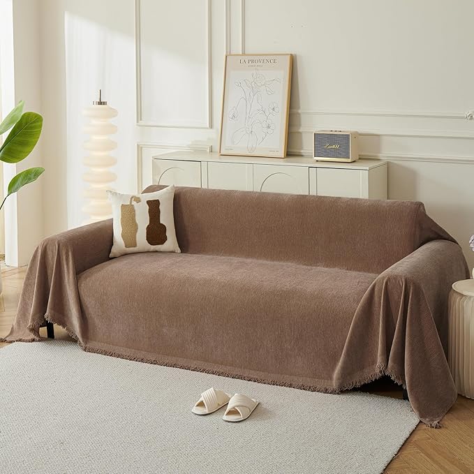 Couch Cover for Dogs, Boho Sofa Covers for 3 Cushion Couch, Chenille Sofa Slipcover for Pets Washable, L-Shape Sectional Couch Loveseat Cover Soft Throw Blankets with Tassels(71x118,Coffee)