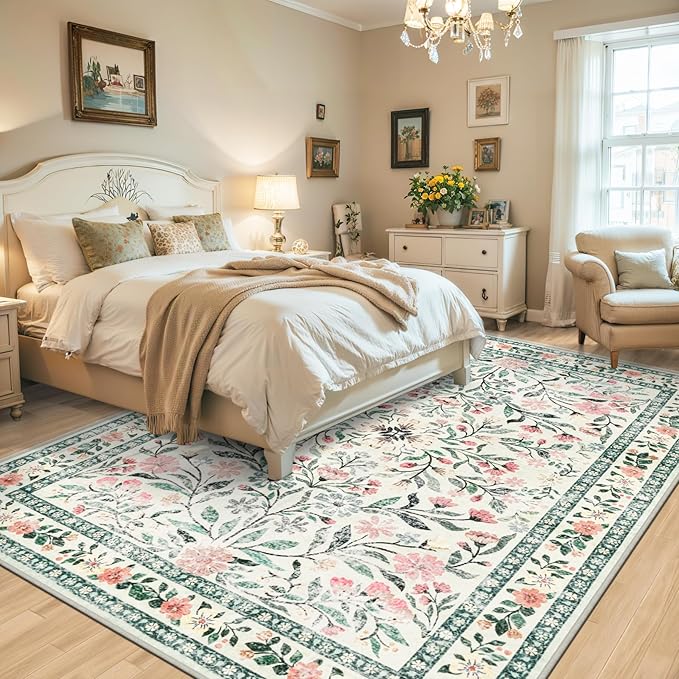 Area Rugs 9x12 Living Room: Floral Washable Rug Vintage Large Soft Boho Non-Slip Carpet Indoor Stain Resistant Low Pile Carpets for Bedroom Dining Room Farmhouse Nursery Home Office Green Beige