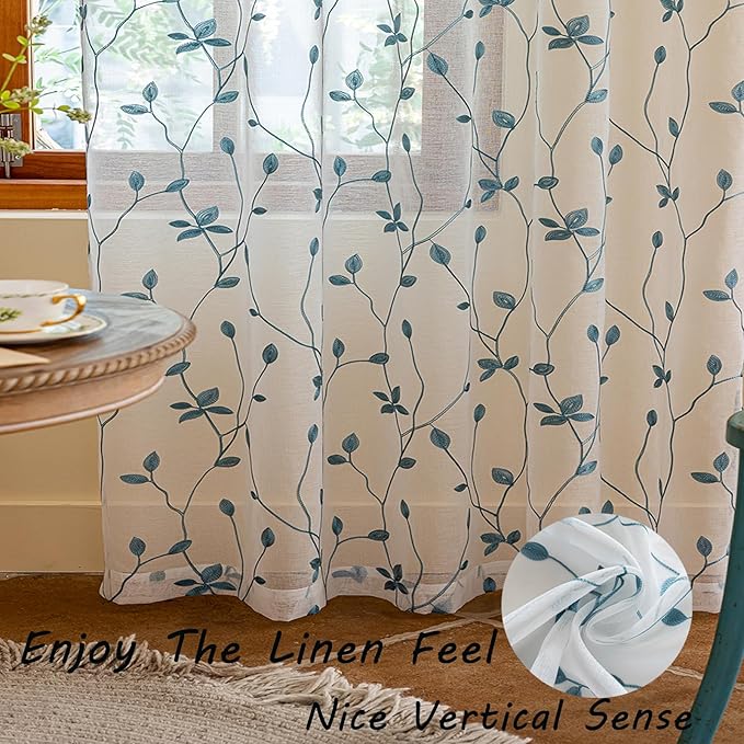 AmHoo 2 Panels Embroidered Leaf Pattern Semi Sheer Curtains Foliage Floral Voile Window Draperies Treatment for Bedroom Living Room Rod Pocket White Teal 53 x 95 Inch