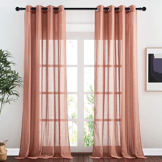 NICETOWN Linen Sheer Burnt Orange Curtains, Grommet Decorative Rustic Farmhouse Linen Blend Curtains & Drapes Privacy with Light Through for Bedroom/Living Room, W52 x L90, 1 Pair