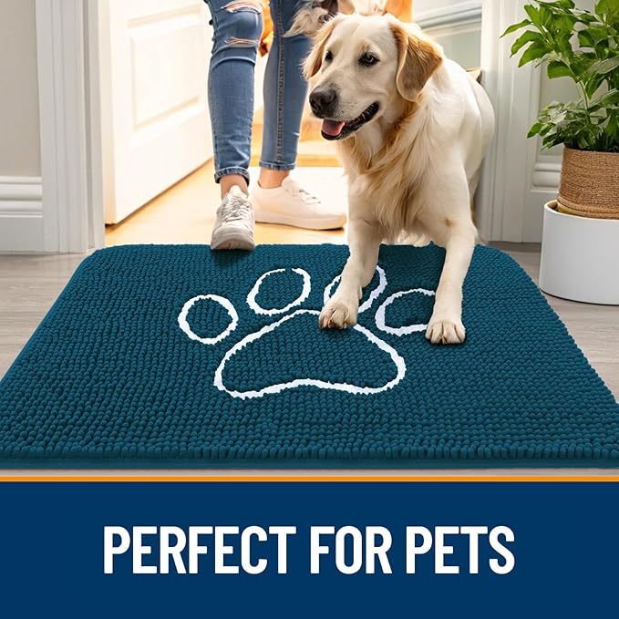 OLANLY Dog Door Mat for Muddy Paws 32x20, Paw Print Design, Absorbs Moisture and Dirt, Absorbent Non-Slip Washable Doormat, Quick Dry Chenille Mud Mat, Entry Indoor Entryway Carpet, Atlantic Blue