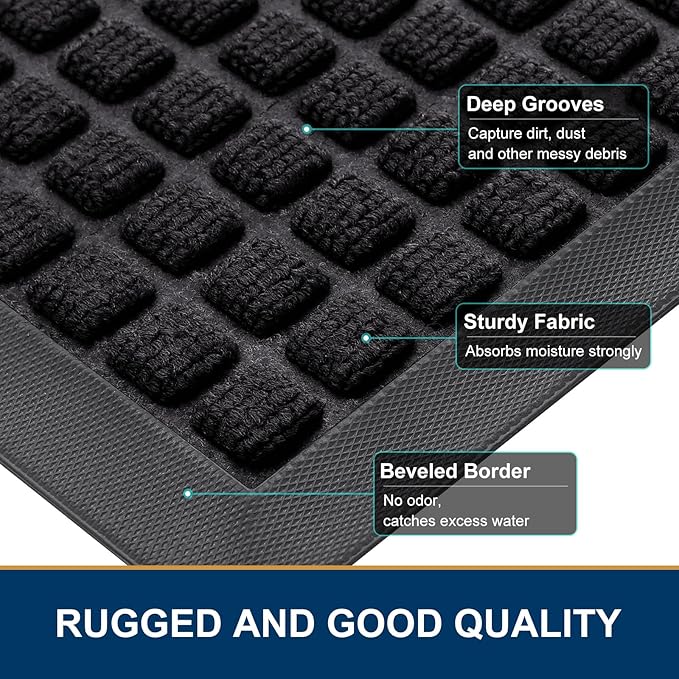 Smiry Front Door Mat Outside Entrance, Heavy Duty Natural Rubber Doormat, Non Slip, Trap Dirt and Moisture, Easy Clean, Low Profile Welcome Floor Mats for Indoor Outdoor Entry, 71x23 Inch, Black