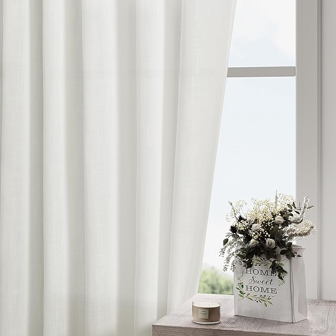 Linen Light Filtering Curtains 96 Inches Long 2 Panels Long Ivory Semi Sheer Linen Blended Window Curtains Back Tab Pocket Natural Off White Rustic Farmhouse Drapes for Living Room Bedroom 52X96