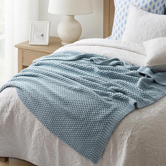 EVERGRACEHOME Chunky Chenille Knit Throw Blanket for Couch, Soft Luxurious Moss Stitch Blankets for Bed, Cozy Decorative Farmhouse Knitted Throws for Sofa, Chambray Blue, 60" x 80"
