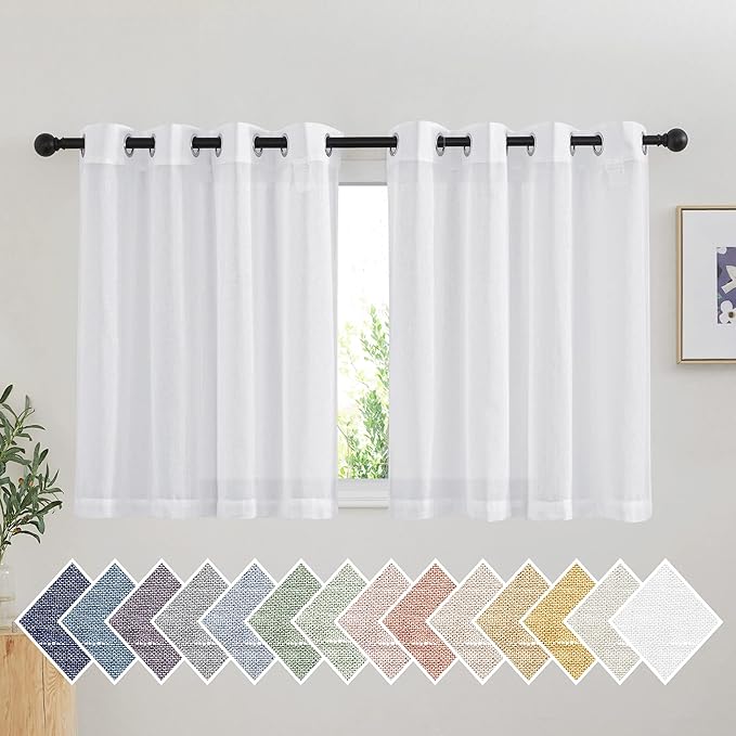 NICETOWN White Short Curtains for Small Window, Grommet Semi Sheer Linen Blend Causal & Rustic Kitchen Curtains & Drapes for Cafe/Nursery, W52 x L36, 2 Panels