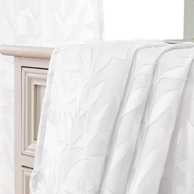 Lecloud Leia Short White Sheer Curtains 45 Inch Length 2 Panels, Balance Light & Privacy Clip Texture Small Window Curtain for Bedroom, Dual Rod Pockets Basement/Living Room/Kitchen Drapes, 38W x 45L