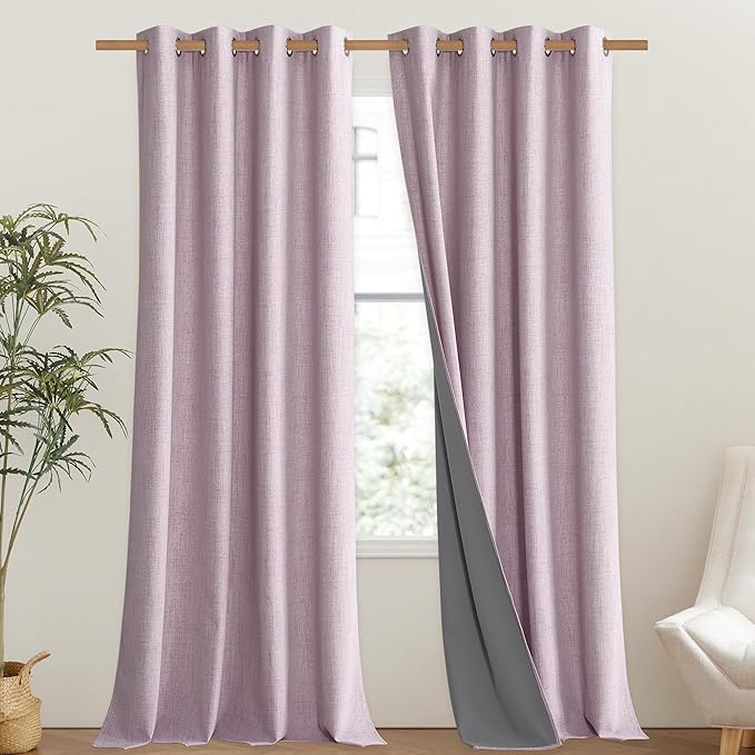 NICETOWN Pink Vintage Linen 100% Blackout Curtains for Living Room, Thermal Insulated Curtains 95" Long, Noise Reducing Window Treatment Drapes for Bedroom, 52" Wide Per Panel, Set of 2