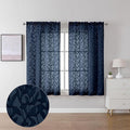 Lecloud Leia Clip Semi Sheer Navy Blue Curtains 45 Inch Length 2 Panels, Light Filtering Jacquard Leaf Voile Curtain for Living Room/Bedroom, Dual Rod Pockets Window Kitchen Drapes, 38x45 Inches