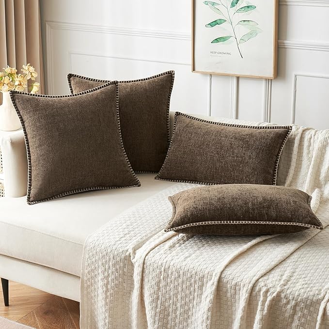 MIULEE Pack of 2 Couch Throw Pillow Covers 18x18 Inch Brown Farmhouse Decorative Pillow Covers with Stitched Edge Soft Chenille Solid Dyed Spring Pillow Covers for Sofa Bed Living Room