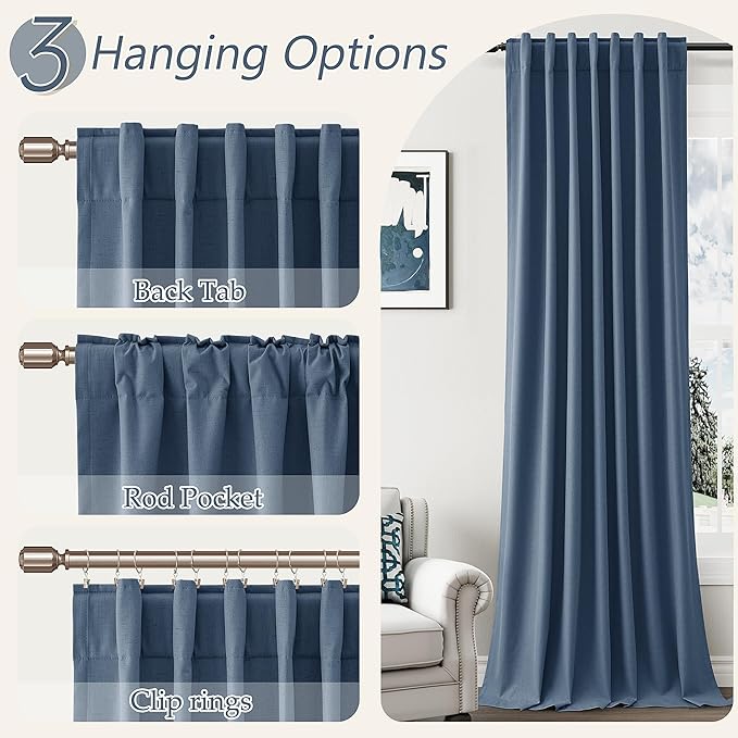 Guken 100% Blackout Curtains 102 Inch Length 2 Panels Set for Living Room Bedroom Back Tab Thermal Insulated Black Out Linen Drapes Room Darkening Window Curtains 102 Inches Long,Denim Blue