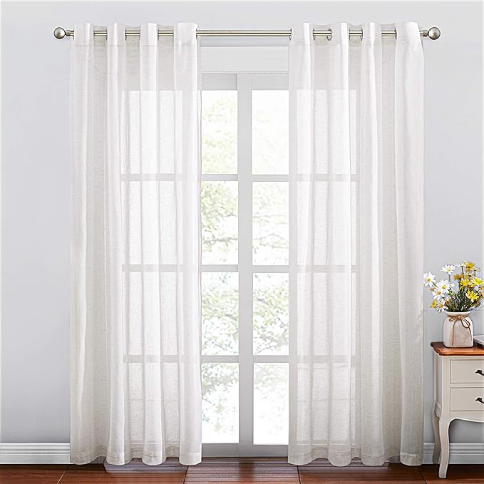 NICETOWN Linen Curtains Off White Sheer Flax Textured, Grommet Semi Linen Sheer Window Treatments Privacy with Light Filtering Vertical Drapes for Bedroom/Living Room, W52 x L84, 2 Panels