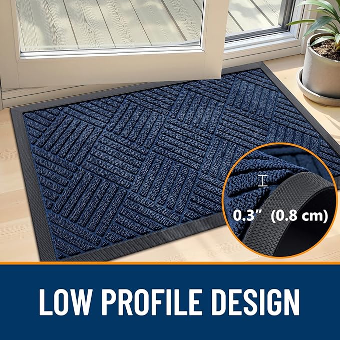 OLANLY Front Door Mat Outside Entrance 47x32, Absorbent, Heavy Duty Sturdy Natural Rubber Doormat Indoor Outdoor, Stain Fade Resistant, Non-Slip Low Profile Floor Mat for Entryway, Navy Blue Diamond