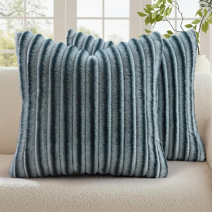 decorUhome Cozy Faux Fur Throw Pillow Covers 26x26 Set of 2 Decorative Soft Plush Striped Modern Farmhouse Boho Couch Euro Sham Pillow Cases with Velvet Back for Sofa Bed Living Room, Blue Grey
