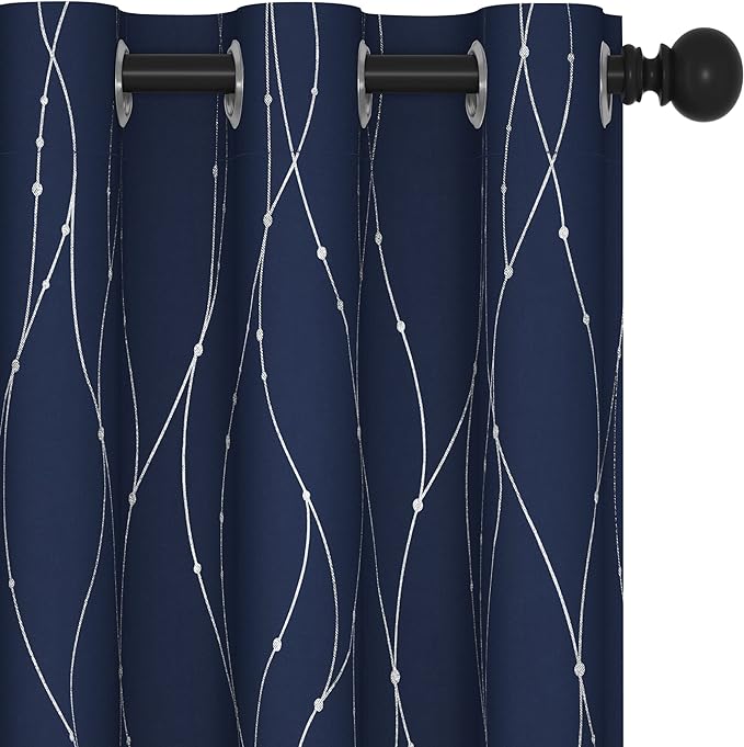 Deconovo Navy Blue Curtains, Blackout Curtain for Bedroom, 42 x 72 Inch, Thermal Insulated Soundproof Privacy Drapes with Silver Wave Dots Pattern, Grommet Top, Machine Washable Panel for Living Room