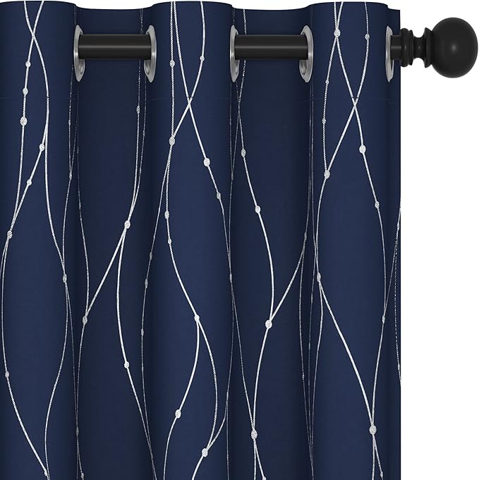 Deconovo Blackout Curtains 63 Inch Length for Living Room, Navy Blue Curtain, Thermal Insulated Soundproof Privacy Curtain with Silver Wave Dot Print, Machine Washable Window Panel for Bedroom Nursery