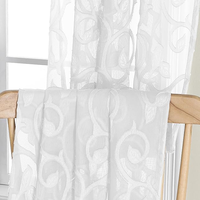 OWENIE Furman Extra Long Sheer White Curtains 96 inches Long for Bedroom Living Room 2 Panels Set, Light Filtering Soft Semi Sheer Jacquard Clip Farmhouse Curtains Rod Pocket Design, 52Wx96L inch