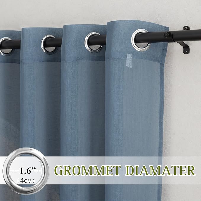 NICETOWN Linen Sheer Stone Blue Curtains 108 inch Long for Living Room, Grommet Semi Sheer Linen Blend Curtains & Drapes Privacy with Light Filtering for Nursery/Laundry, W52 x L108, 2 Panels