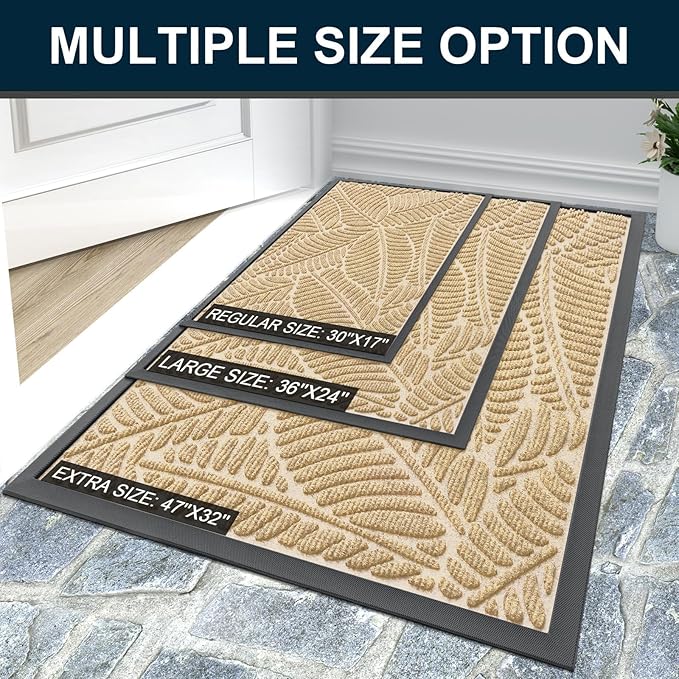 Colorxy Waterproof Doormat, Sturdy Natural Rubber Front Indoor Mat, Non Slip Low Profile Indoor Outdoor Door Mats, Stain and Fade Resistant Floor Mat, Easy Clean Patio Entrance Mat, 36''x24'', Beige