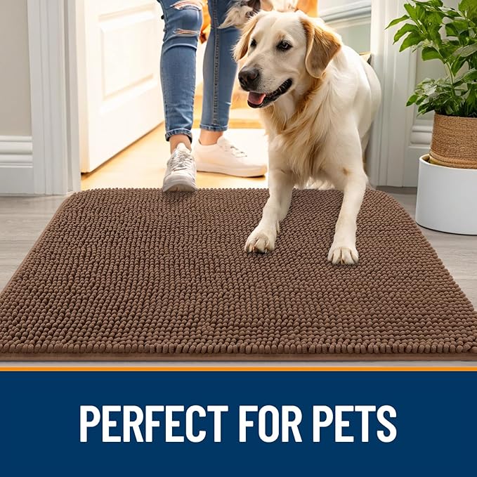 OLANLY Dog Door Mat for Muddy Paws 47x32, Absorbs Moisture and Dirt, Absorbent Non-Slip Washable Doormat, Quick Dry Chenille Mud Mat for Dogs, Entry Indoor Entryway Carpet for Inside Floor, Mocha