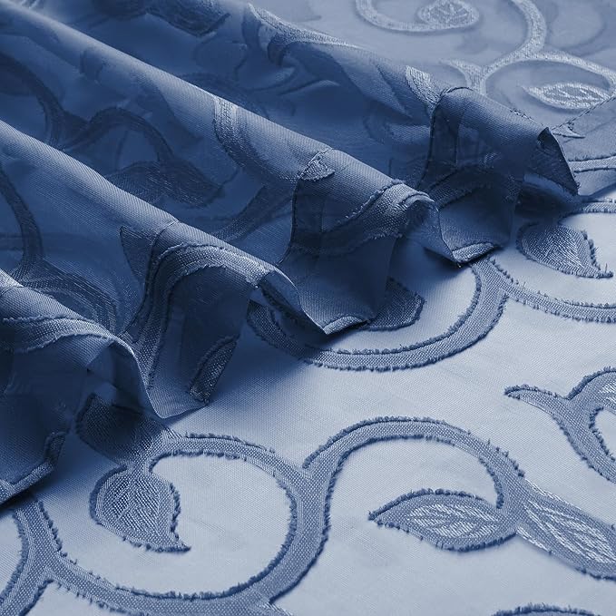 OWENIE Furman Blue Sheer Curtains 45 Inch Length 2 Panels Set for Living Room Bedroom Bathroom Window, Airy Jacquard Clip Short Curtains for Small Window, 2 Pcs Each 40Wx45L inch