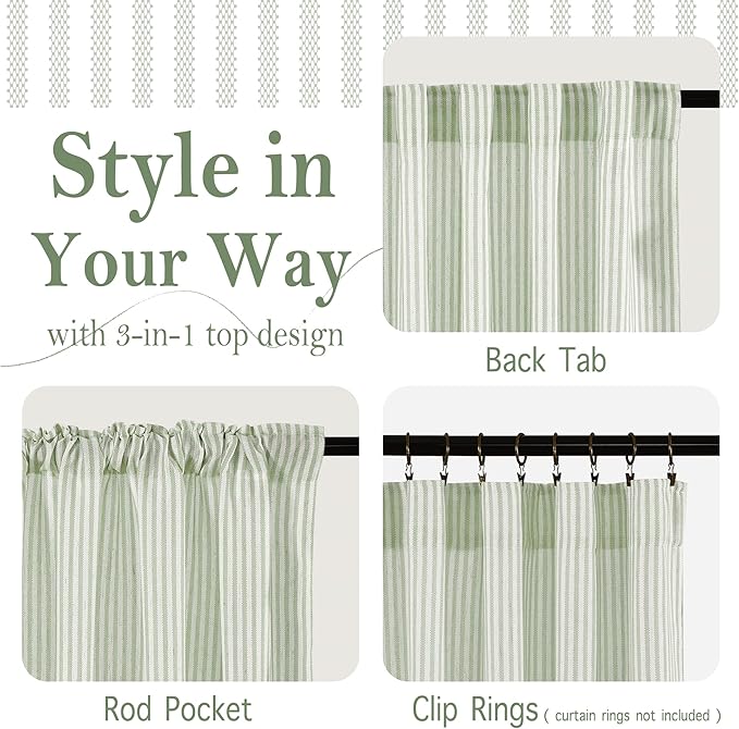 RYB HOME Sage Green Linen Kitchen Cafe Curtains 24 inch Length, Farmhouse Striped Tier Curtains for Living Room Bathroom Tickingstripe Short Window Rustic Pinstripe Valances, W26 x L24, 2 Panels